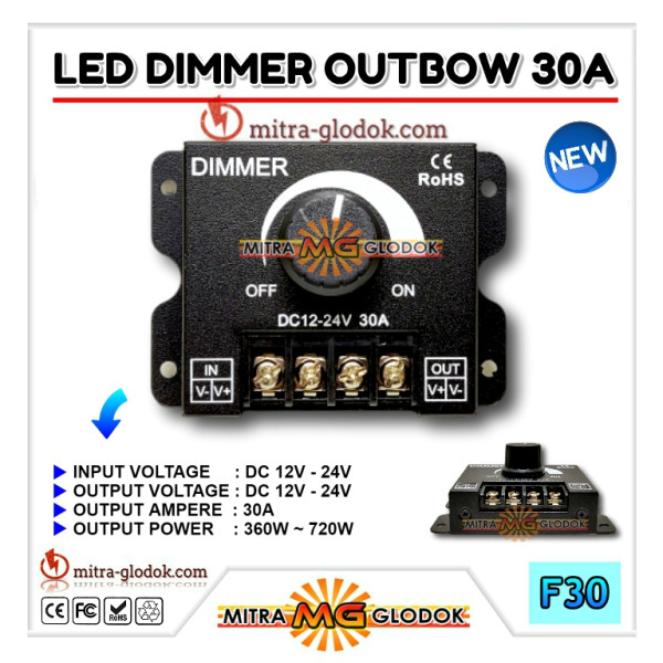 Dimmer LED Outbow DC 12V - 24V 30A Pengatur Tingkat Cahaya Model Putar LED Strip / Rigid / Bar